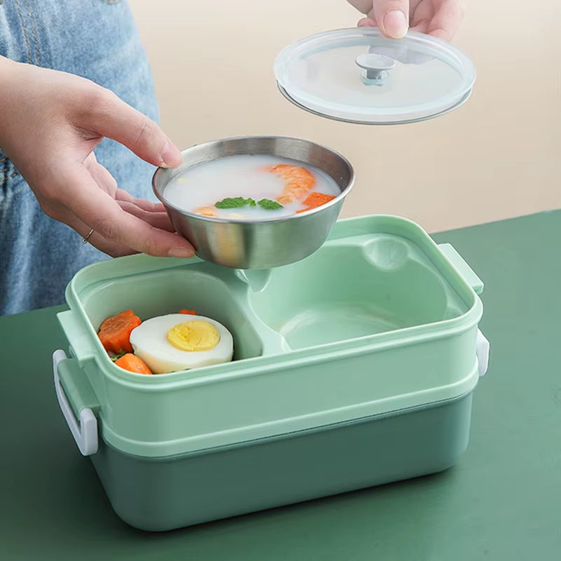Double Layer Stainless Steel Lunch Box with Soup Bowl Leak-Proof Bento Box Dinnerware Set Microwave Adult Student Food Container