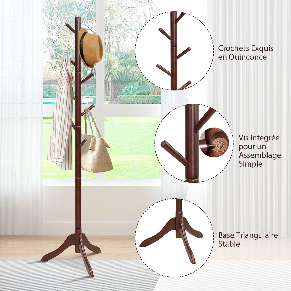 Porte Manteaux En Bois 8 Crochets Portant À Vêtement Sur Pied Hauteur Réglable 100/138/175Cm Porte-Manteau Noir/Marron/Gris