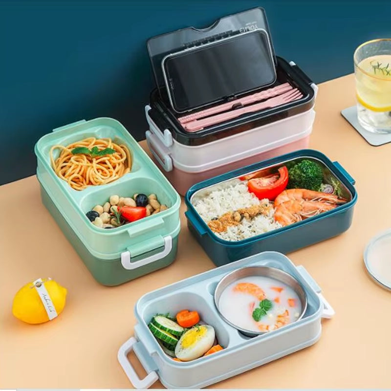 Double Layer Stainless Steel Lunch Box with Soup Bowl Leak-Proof Bento Box Dinnerware Set Microwave Adult Student Food Container