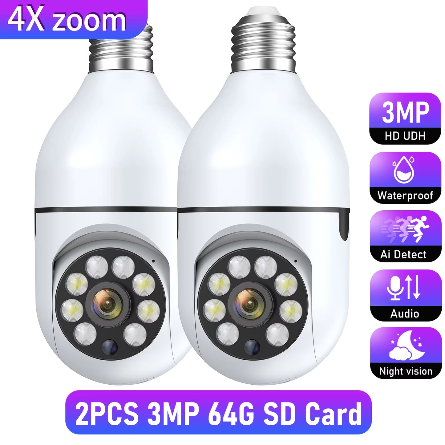 Wifi 3MP E27 Bulb Surveillance Camera Indoor 4X Digital Zoom AI Human Detect Full Color Night Vision Wireless Cameras Smart Home