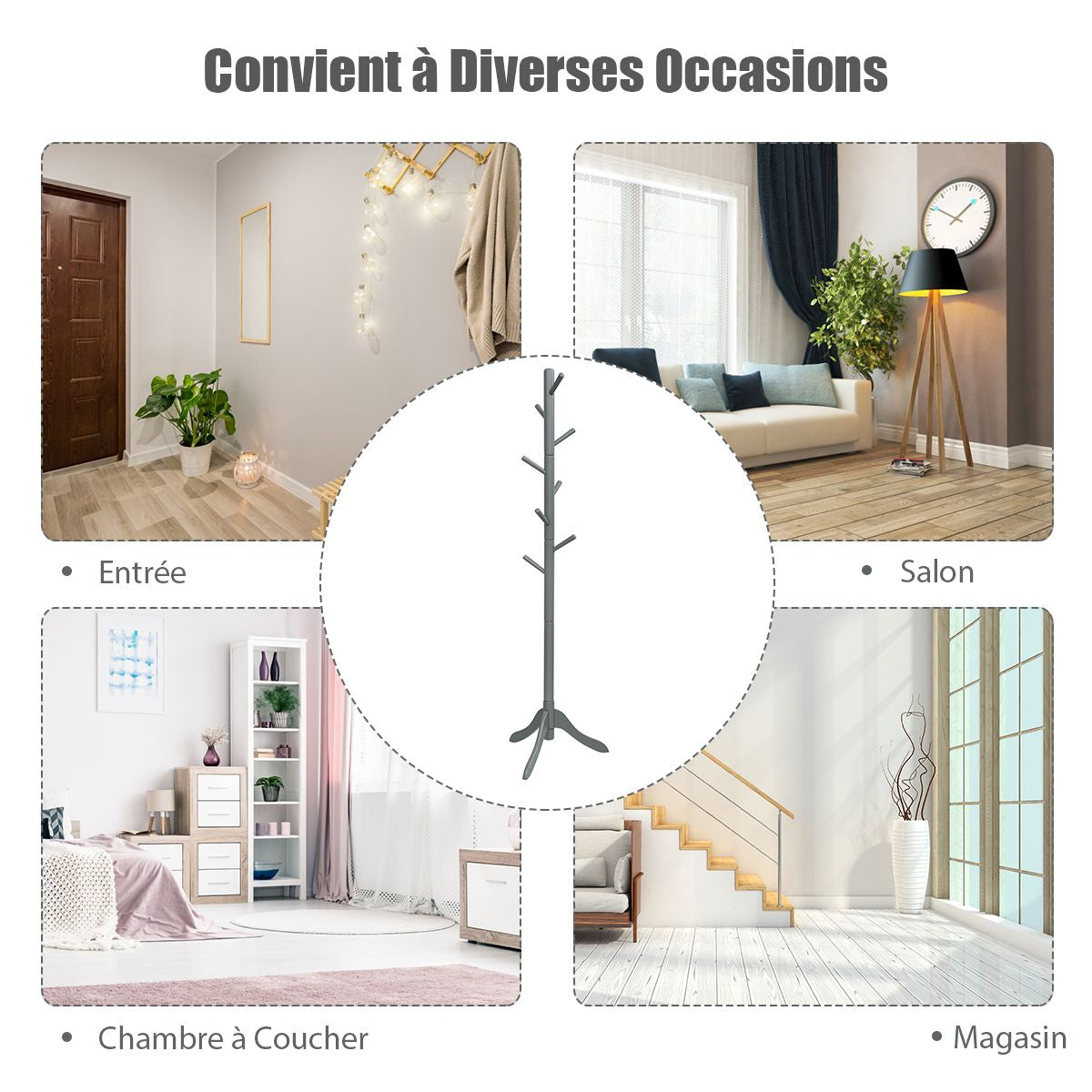 Porte Manteaux En Bois 8 Crochets Portant À Vêtement Sur Pied Hauteur Réglable 100/138/175Cm Porte-Manteau Noir/Marron/Gris