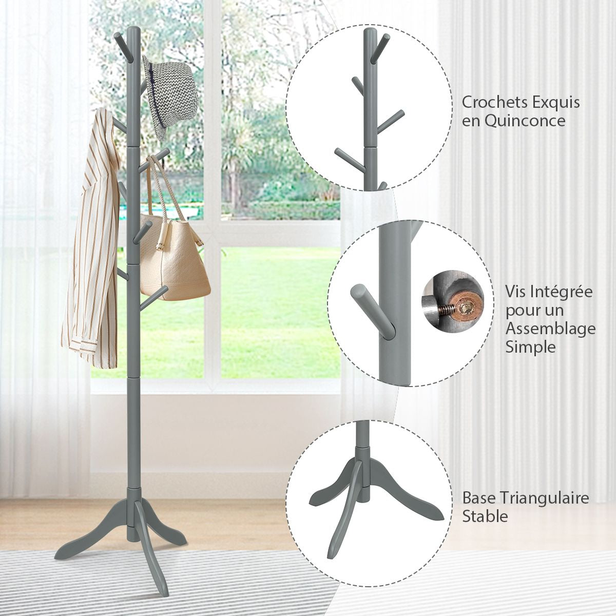 Porte Manteaux En Bois 8 Crochets Portant À Vêtement Sur Pied Hauteur Réglable 100/138/175Cm Porte-Manteau Noir/Marron/Gris