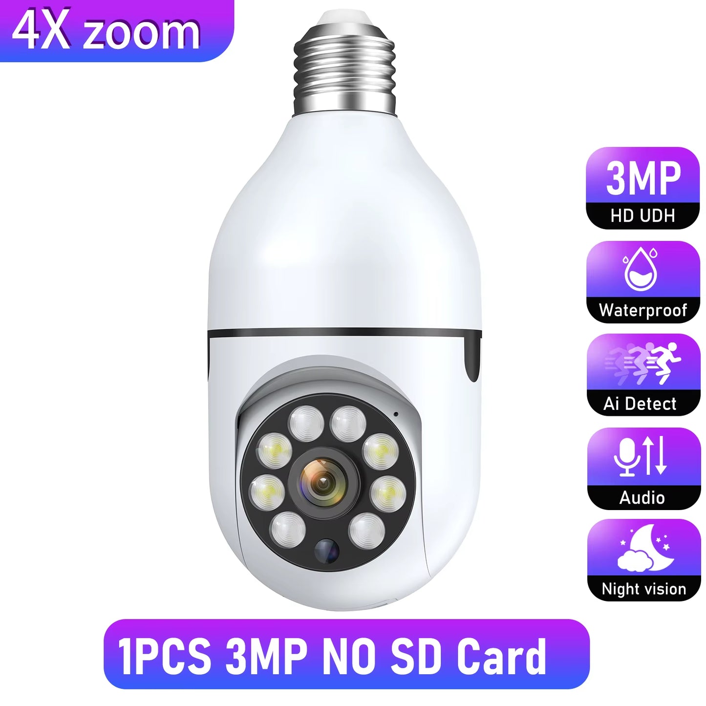 Wifi 3MP E27 Bulb Surveillance Camera Indoor 4X Digital Zoom AI Human Detect Full Color Night Vision Wireless Cameras Smart Home