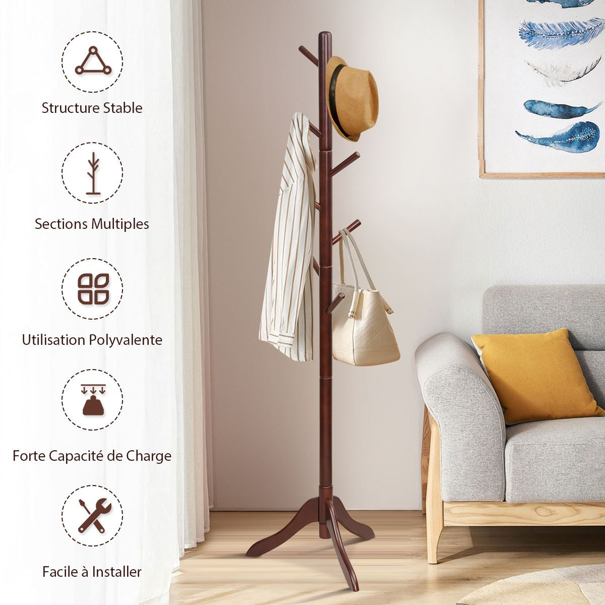 Porte Manteaux En Bois 8 Crochets Portant À Vêtement Sur Pied Hauteur Réglable 100/138/175Cm Porte-Manteau Noir/Marron/Gris