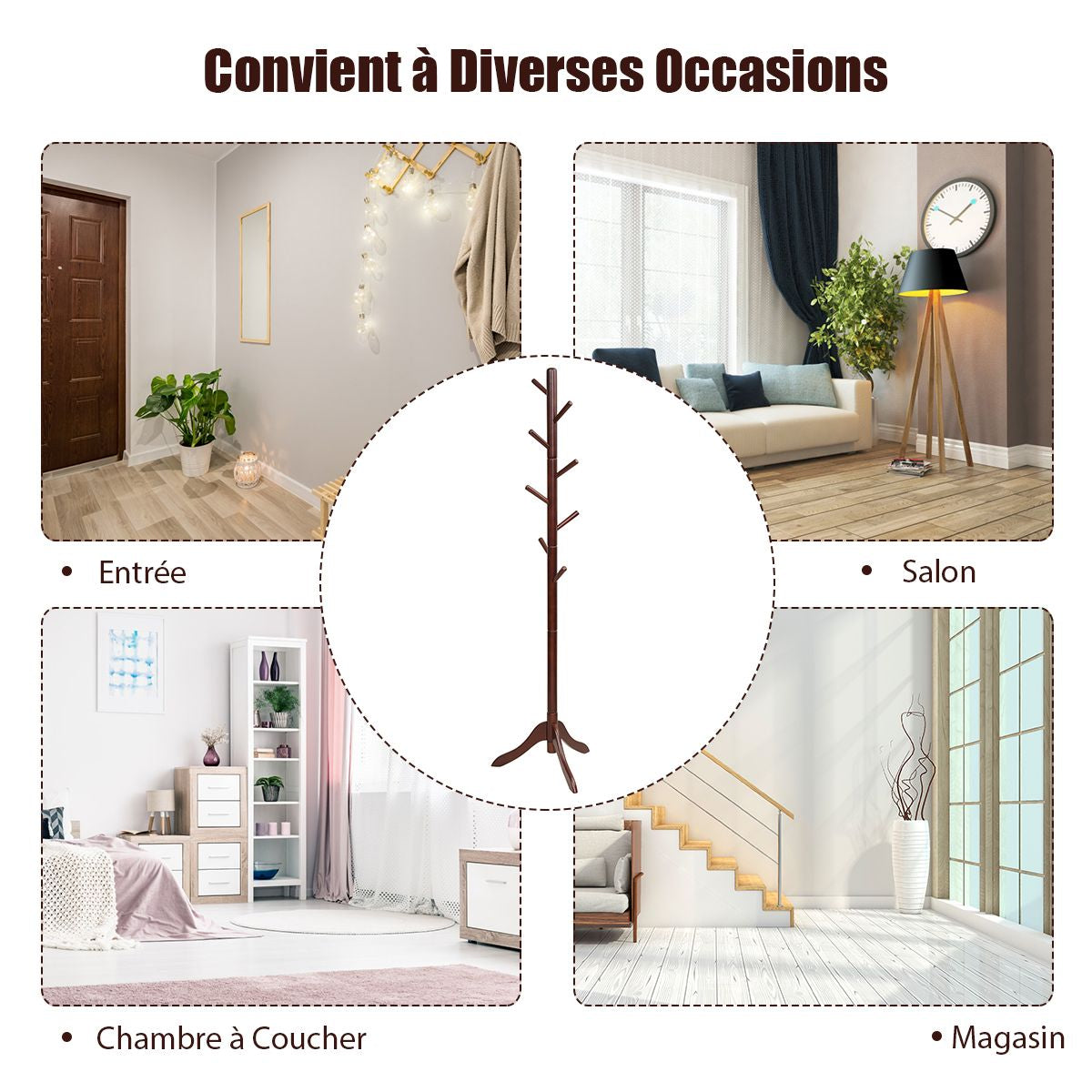 Porte Manteaux En Bois 8 Crochets Portant À Vêtement Sur Pied Hauteur Réglable 100/138/175Cm Porte-Manteau Noir/Marron/Gris