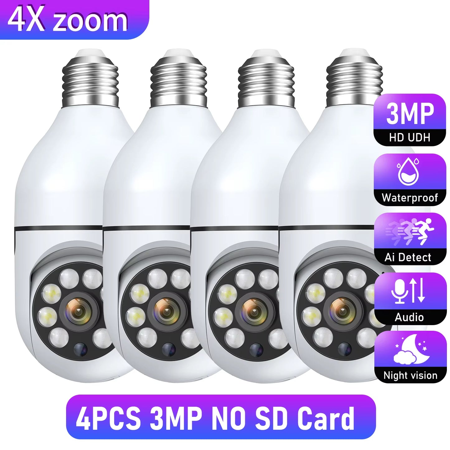 Wifi 3MP E27 Bulb Surveillance Camera Indoor 4X Digital Zoom AI Human Detect Full Color Night Vision Wireless Cameras Smart Home