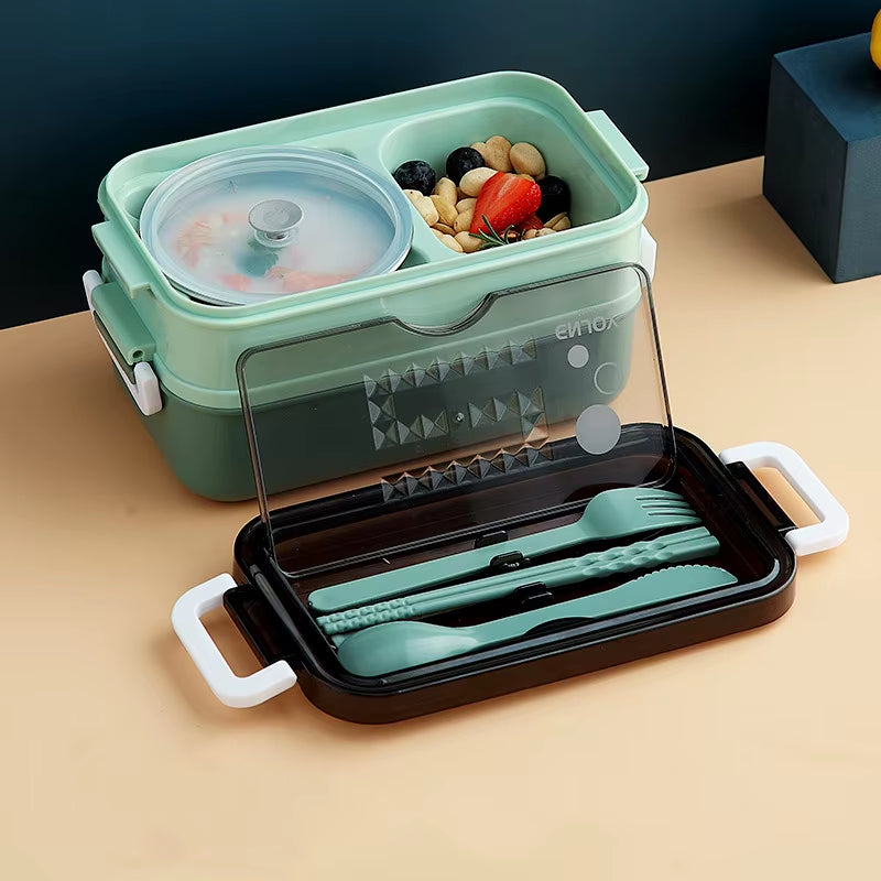 Double Layer Stainless Steel Lunch Box with Soup Bowl Leak-Proof Bento Box Dinnerware Set Microwave Adult Student Food Container