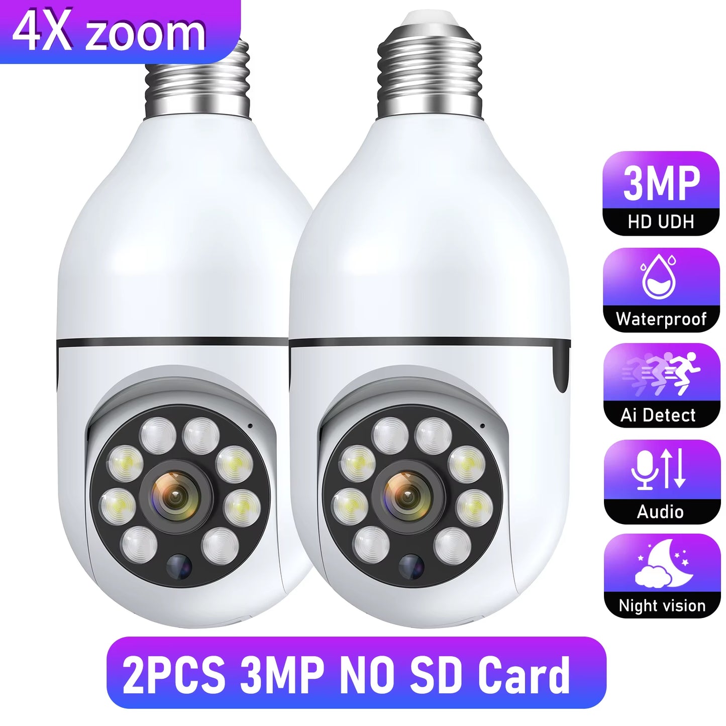 Wifi 3MP E27 Bulb Surveillance Camera Indoor 4X Digital Zoom AI Human Detect Full Color Night Vision Wireless Cameras Smart Home
