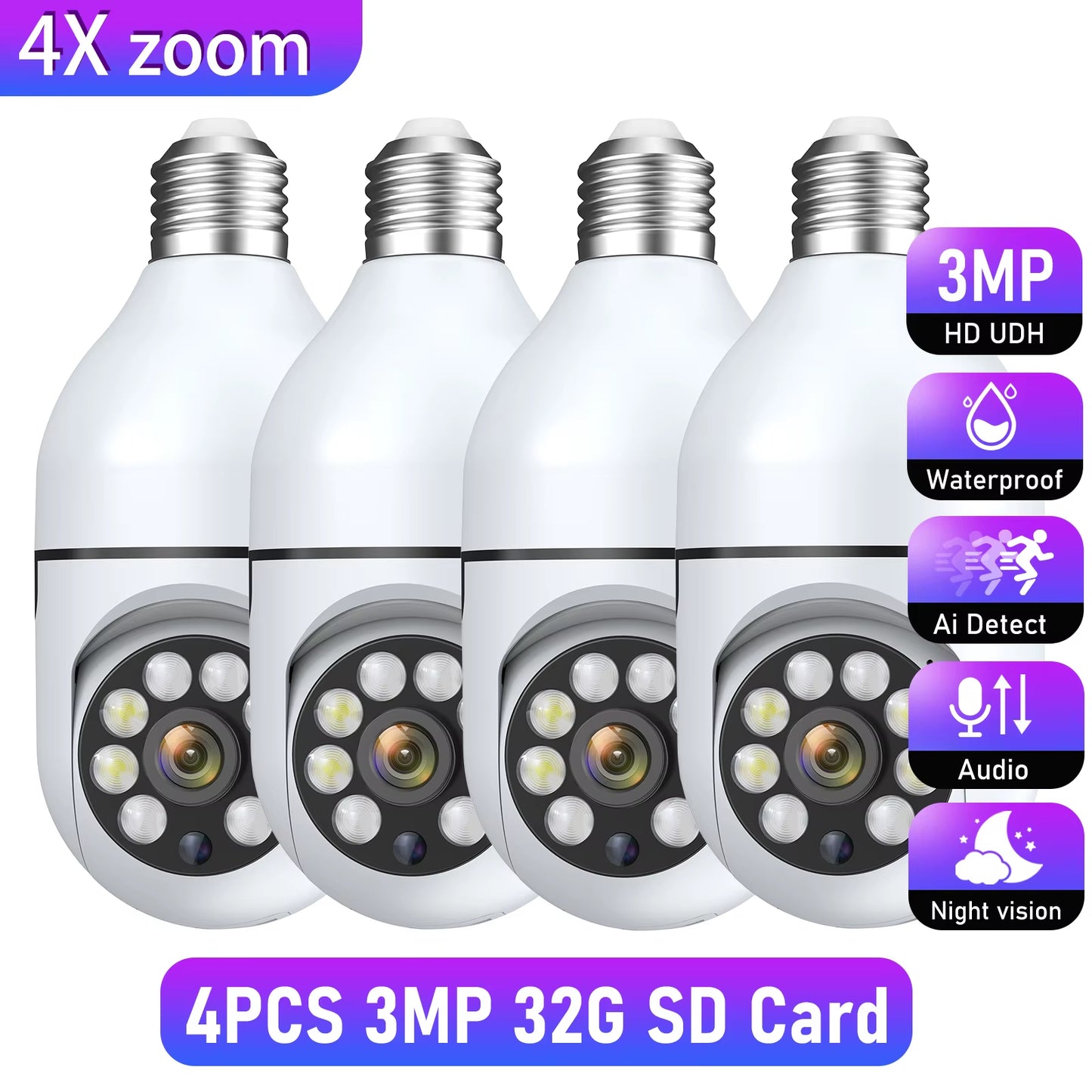 Wifi 3MP E27 Bulb Surveillance Camera Indoor 4X Digital Zoom AI Human Detect Full Color Night Vision Wireless Cameras Smart Home